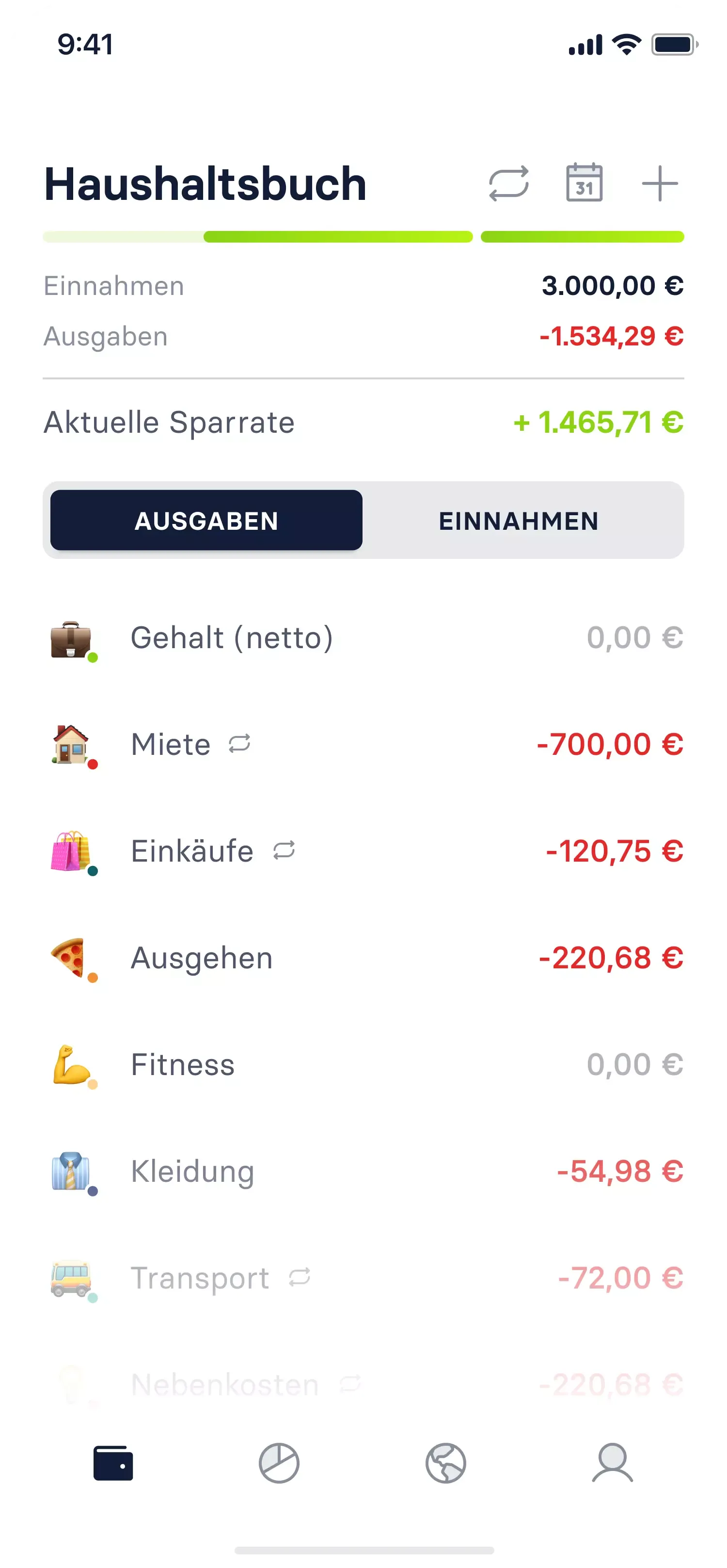Monetaz Ausgabenverteilung im Haushaltsbuch
